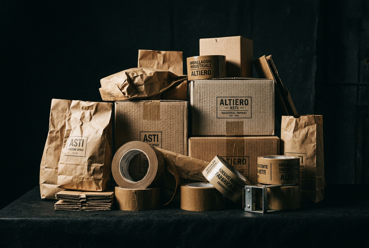 Composizione artistica di packaging Ares – sacchi kraft, scatole, nastri su sfondo scuro