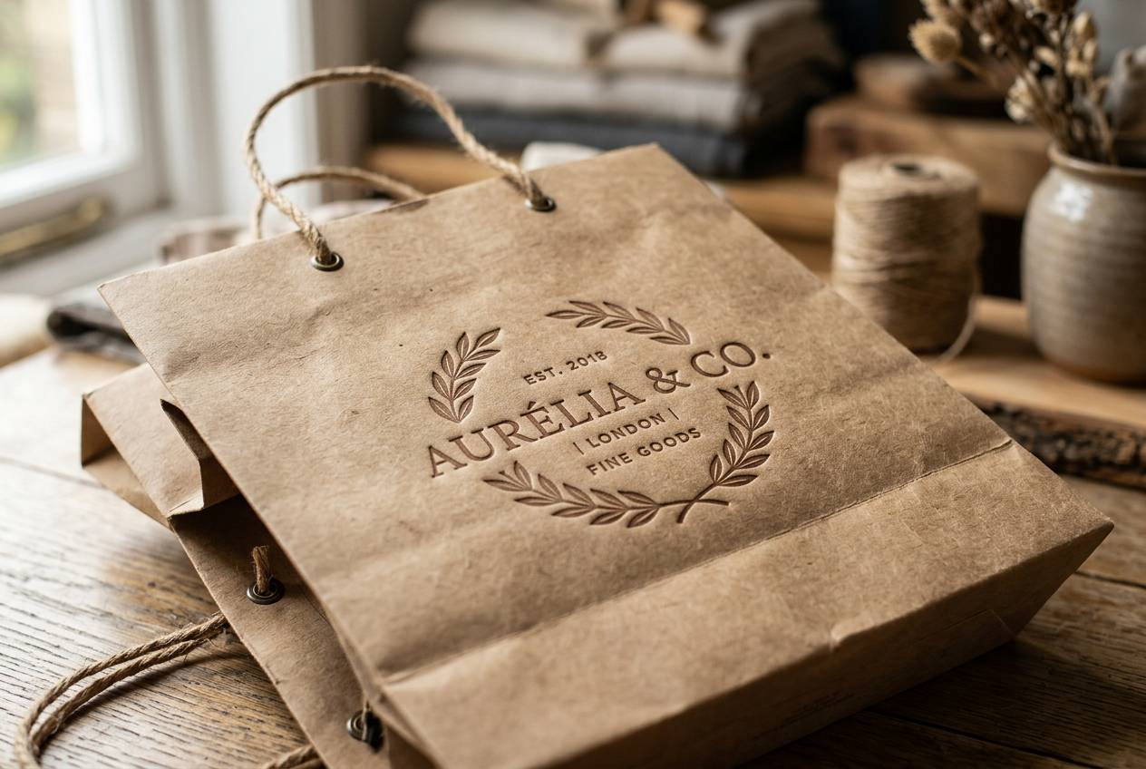 Sacchetto kraft brandizzato con logo aziendale stampato, finitura premium