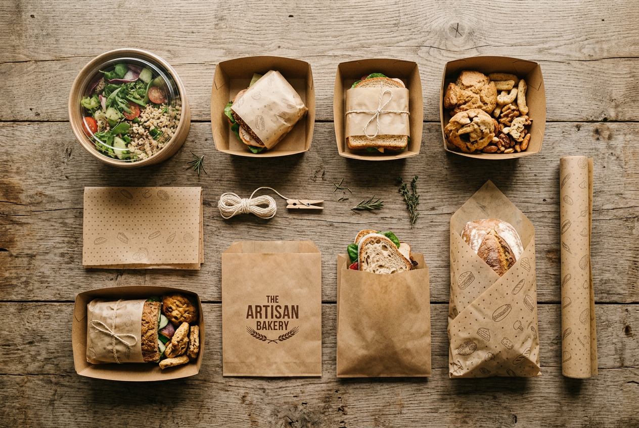 Contenitori alimentari in carta kraft, sacchetti, carta antigrasso vista dall'alto