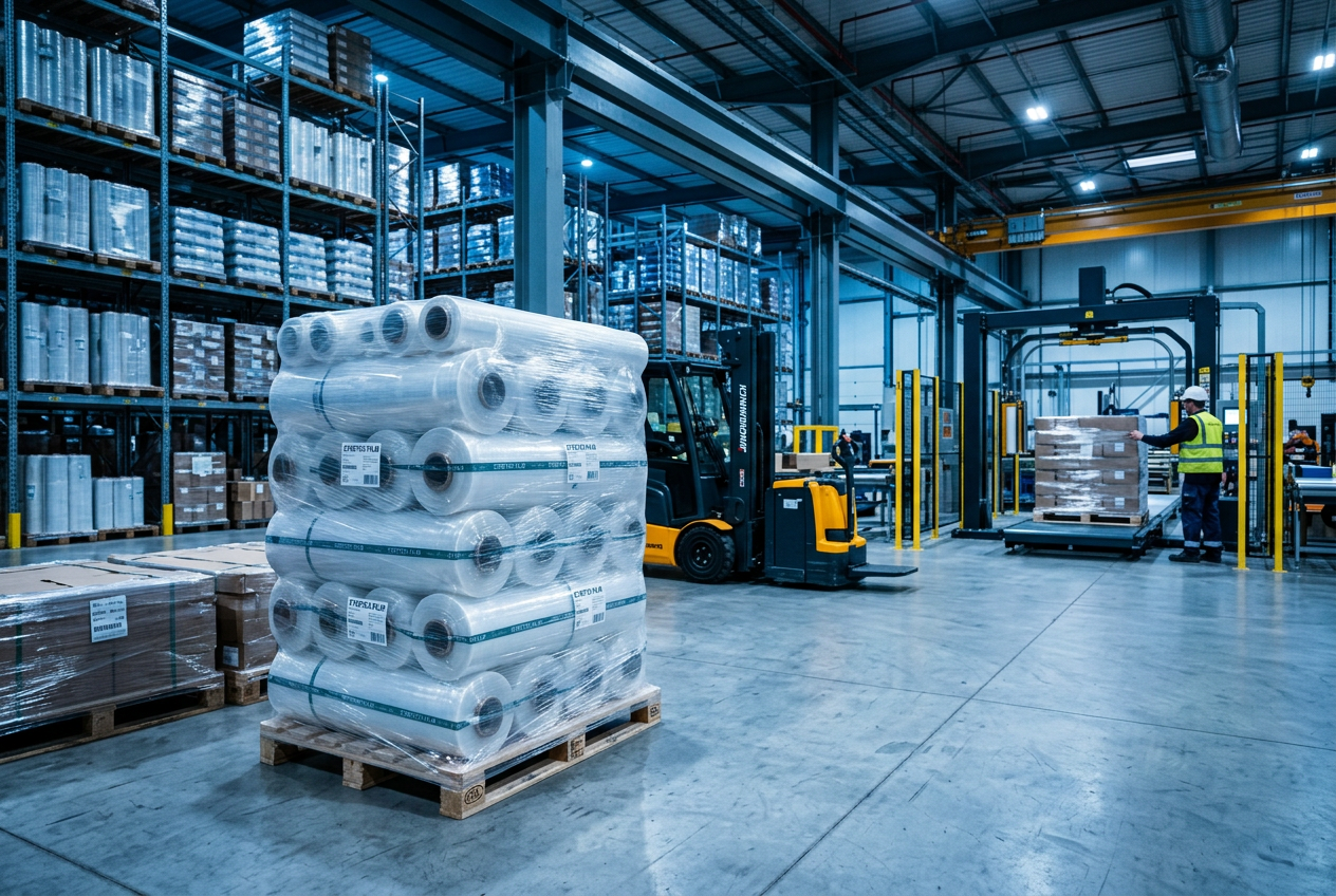 Grandi rotoli di film estensibile e pellicola su pallet in magazzino industriale